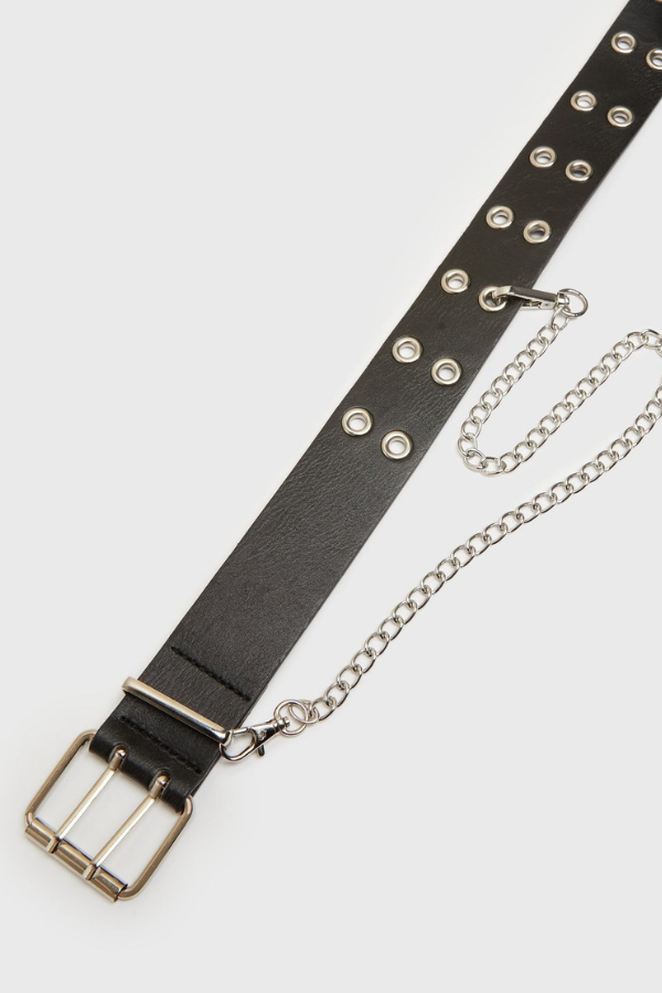 Black Double Eyelet Chained PU Leather Belt