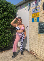 Cow print lycra and mesh half and half flares 