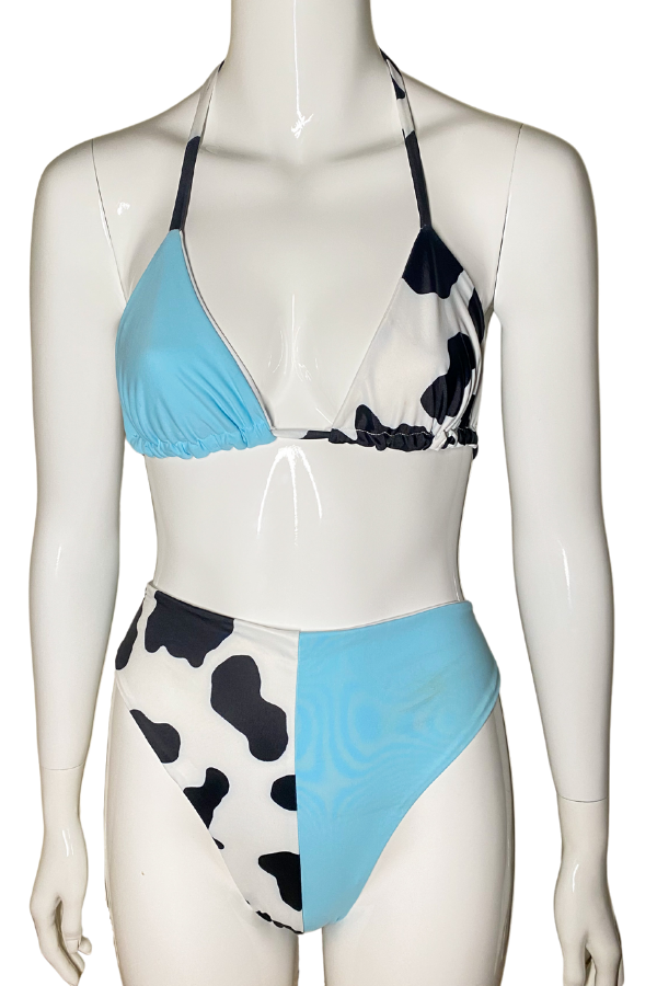 Sky blue and cow print triangle bikini set