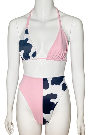 Baby pink and cow print triangle bikini set