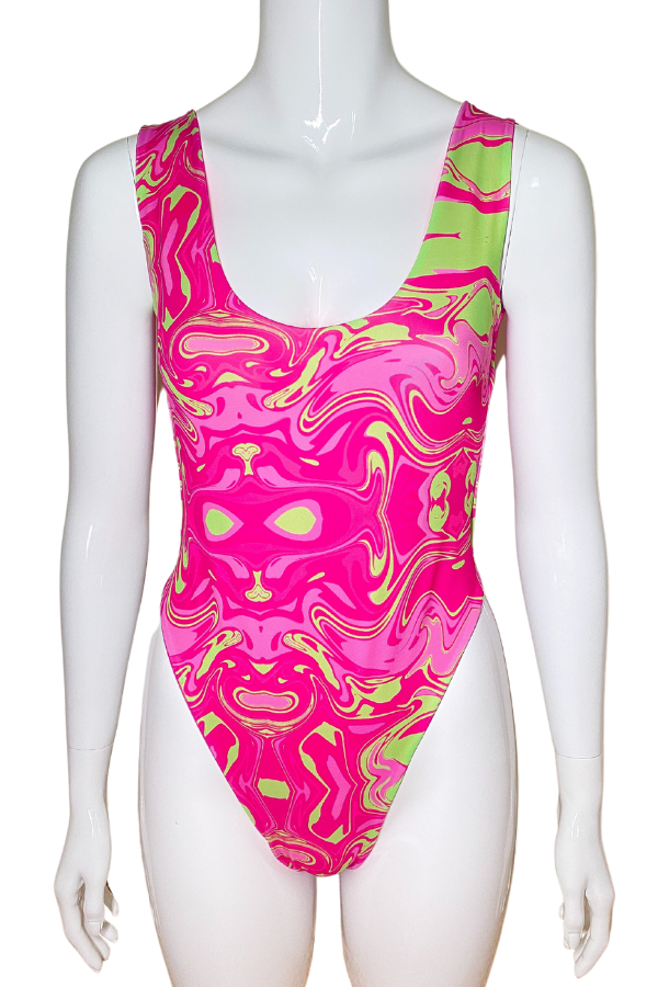 Scoop neck bright pink and like one piece swimsuit
