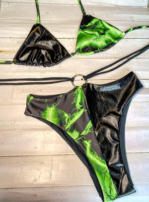 Green electric and wet look o-ring bikini set