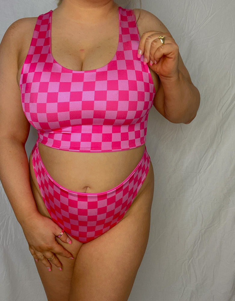 Pink and red checkmate crop top bikini set.