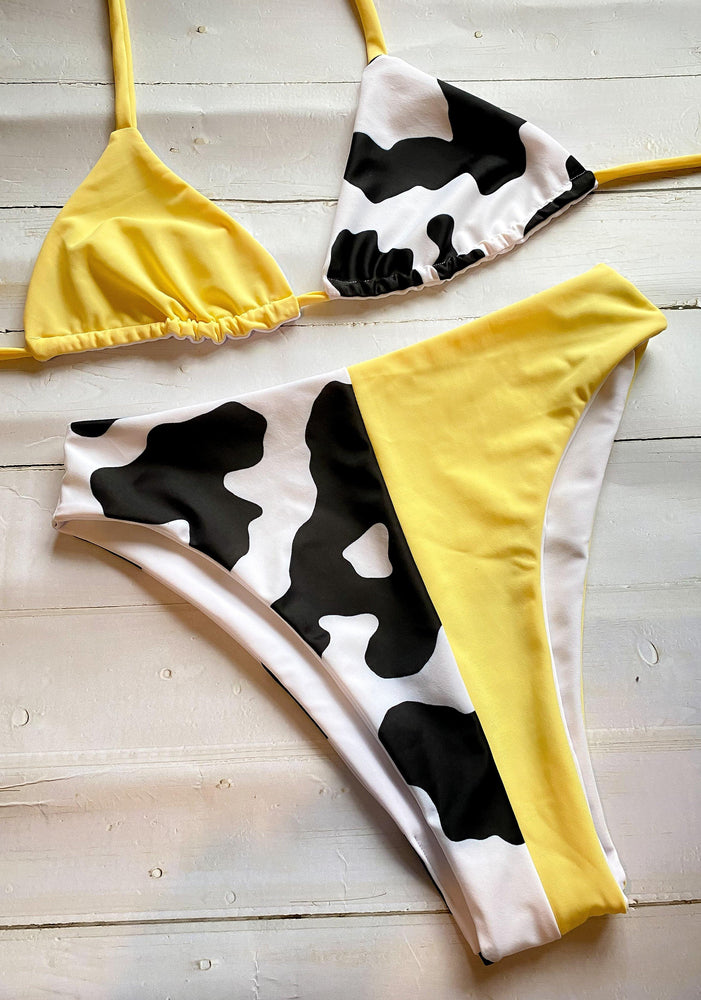 Pale yellow and cow print triangle bikini set