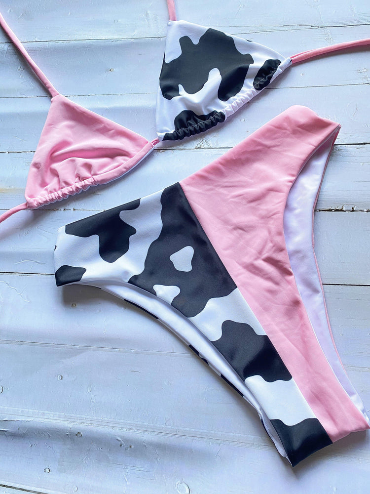 Baby pink and cow print triangle bikini set