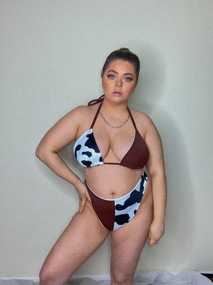 Cow print and chocolate triangle bikini set