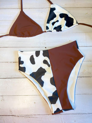 Cow print and chocolate triangle bikini set