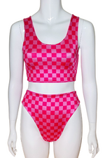 Pink and red checkmate crop top bikini set