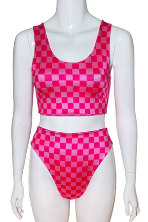 
            
                Load image into Gallery viewer, Pink and red checkmate crop top bikini set
            
        