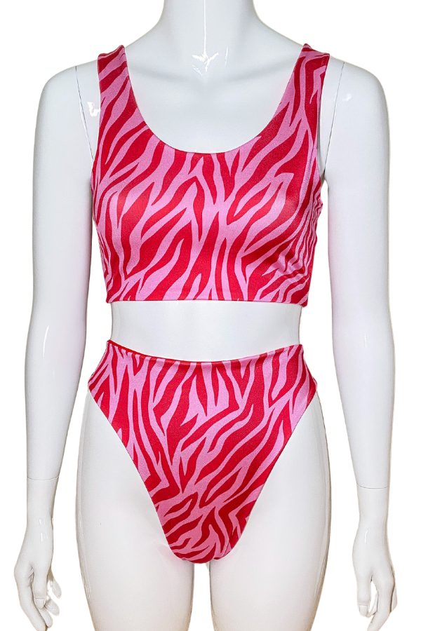 Red and Pink Zebra Crop Top Bikini Set