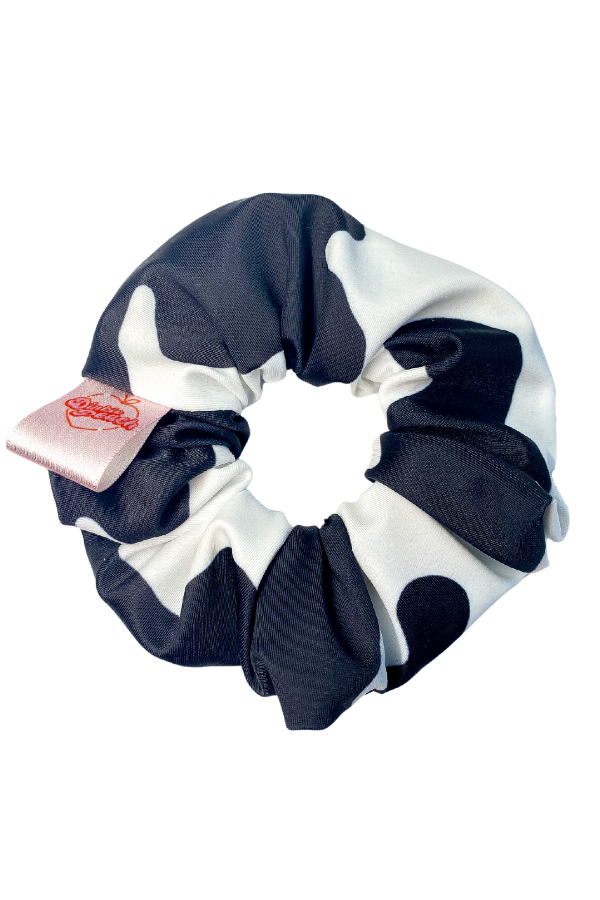 Cow print scrunchies with logo label in seam