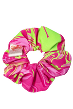 Hand designed bright pink and lime scrunchies with logo