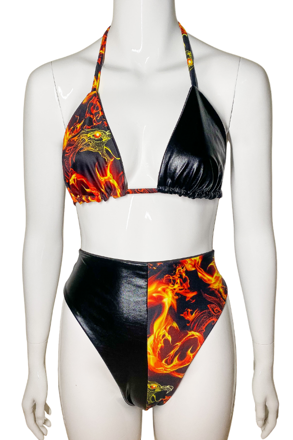 Dragon flames and wet look triangle bikini set