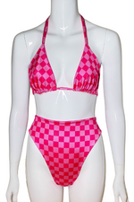 Pink and red check print bikini set
